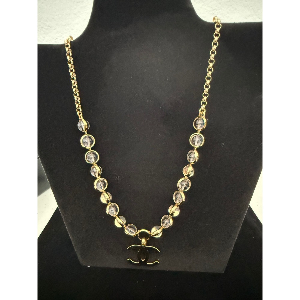 Chanel A24 S Gold Tone CC Logo Pendant Clear Bead Necklace Made in France